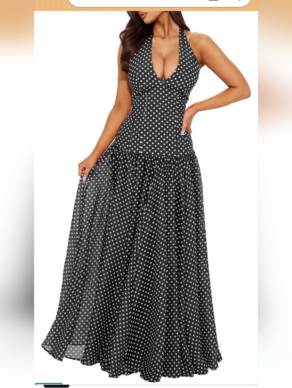 Polka Dot Halter Maxi Dress - Black